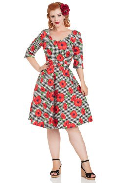 Robe pied de poule et fleur de pavot