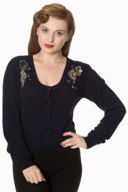 Cardigan noir broderie paon