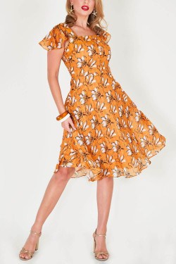 Robe rockabilly à fleurs orange années 50 femme
