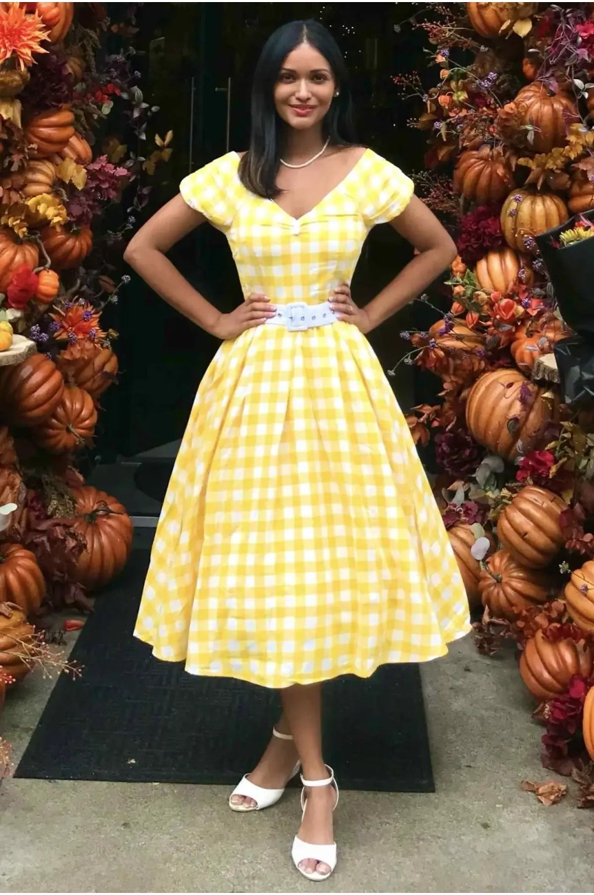 Robe swing a carreaux jaune