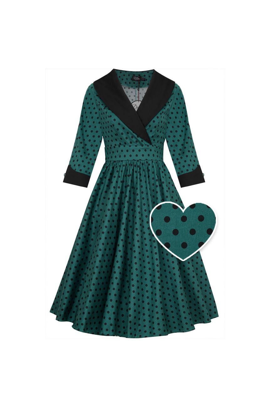 Robe guinguette verte a pois manches 3/4