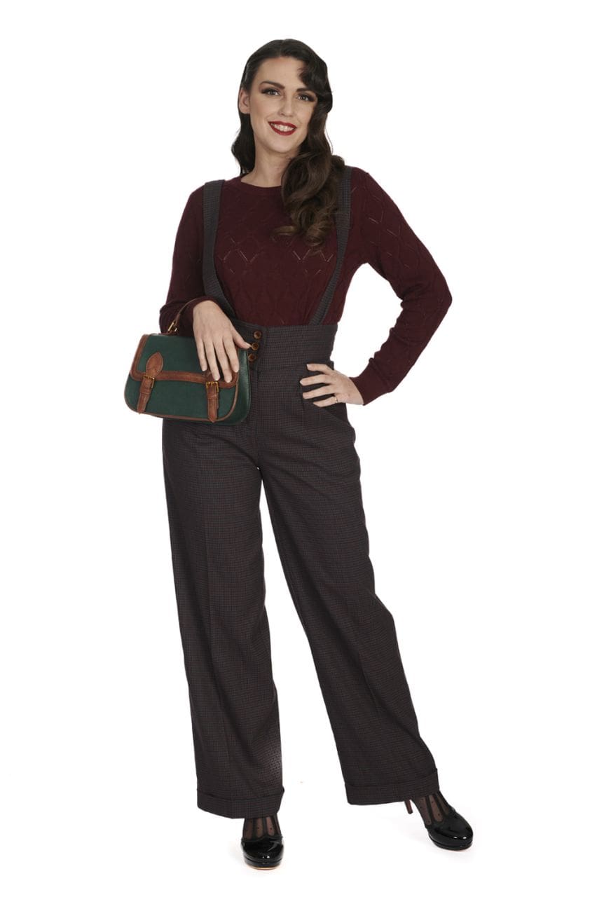 Pantalon retro a bretelles bordeaux et bleu