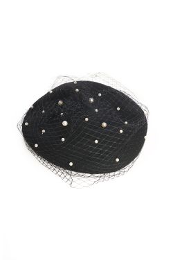 Béret retro noir perles et voilette