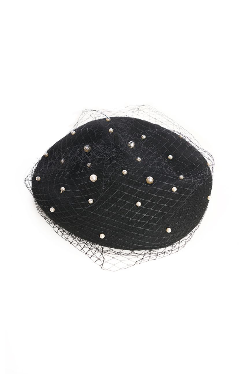 Béret retro noir perles et voilette
