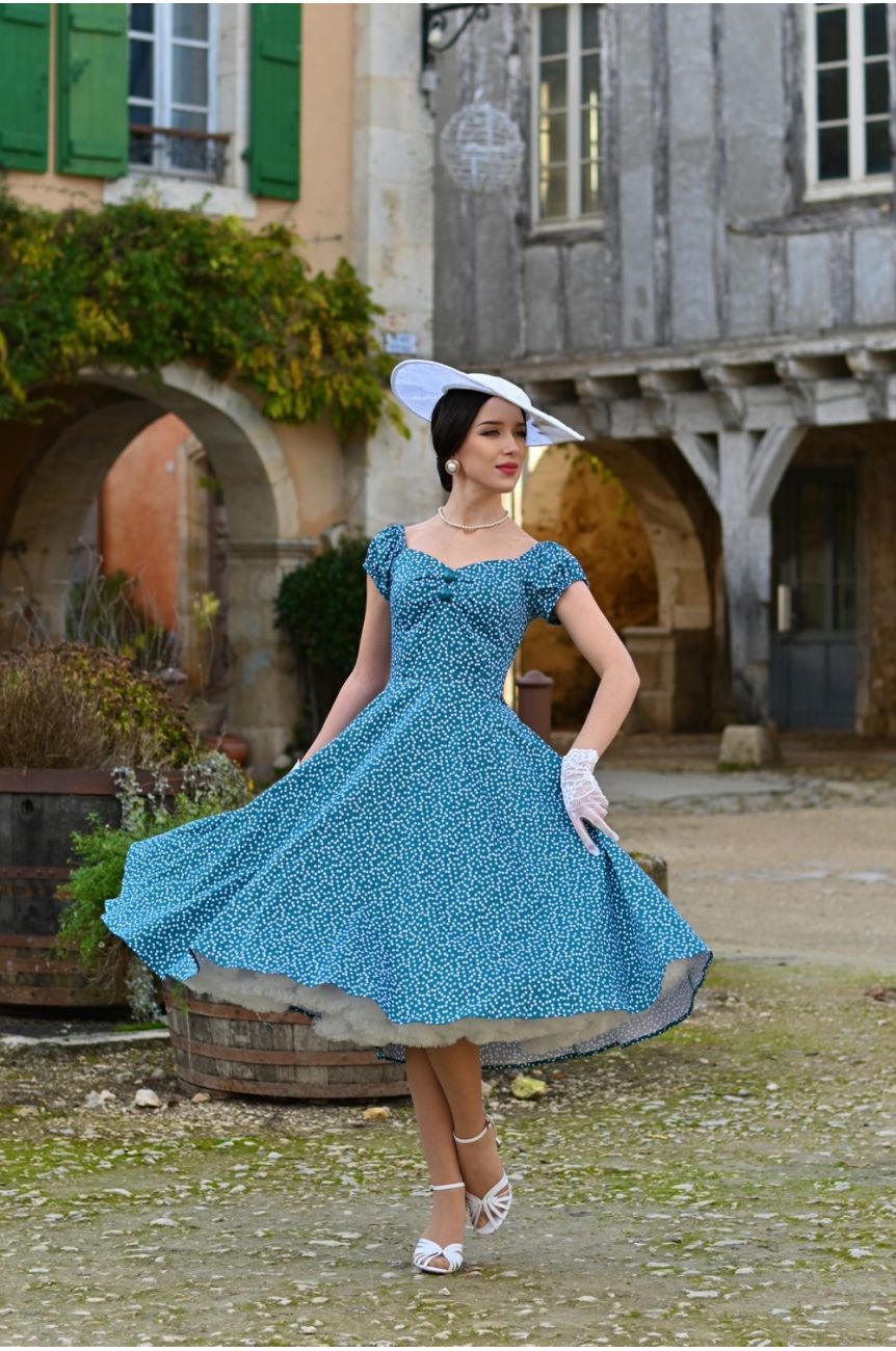 Robe annees 50 pois blancs bleu canard manches bouffantes elegant retro