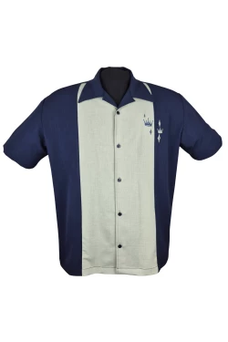 Chemise bowling Crown broderie couronne rayures navy sage dos uni vintage