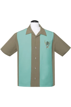 Chemise bowling Tiki broderie polynesienne rayures aqua herb boutons metal