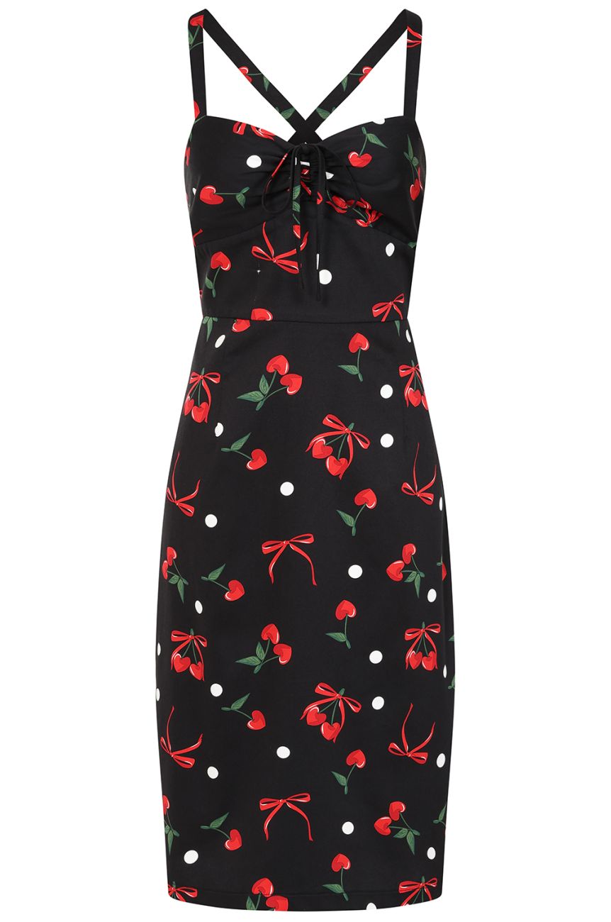 Robe vintage cerises rouges noeuds noire ajustee bustier coeur pin-up