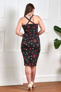 Robe rockabilly cerises noires bretelles croisees dos sexy vintage retro
