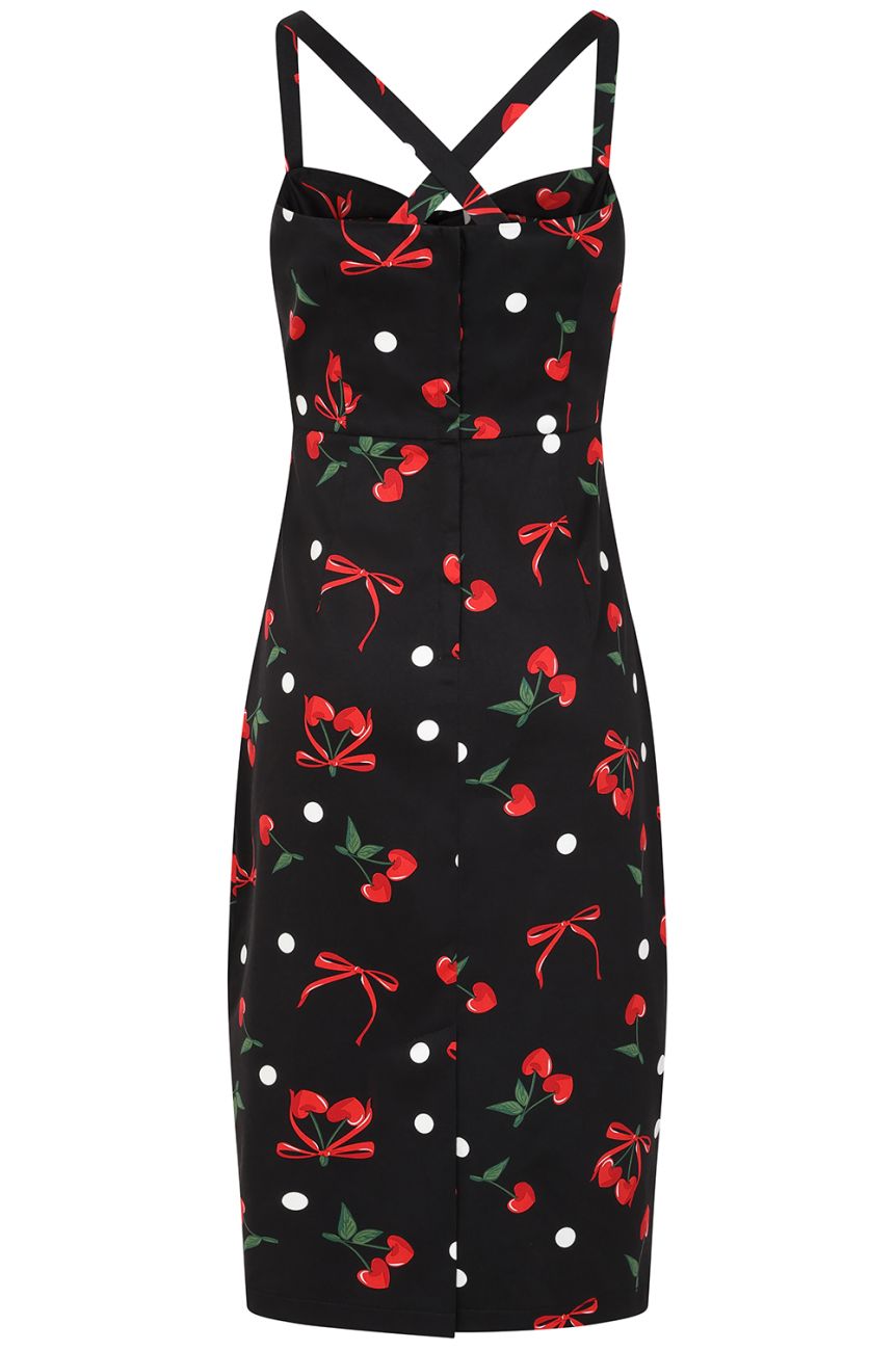 Robe annees 50 cherry print noir pois blancs dos croise elegant rockabilly