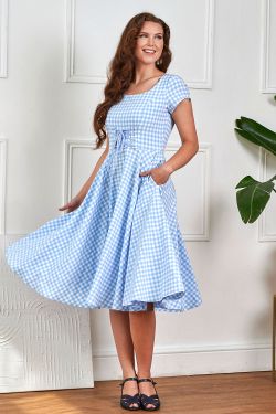 Robe vichy bleu blanc lacage taille jupe swing poches pin-up vintage