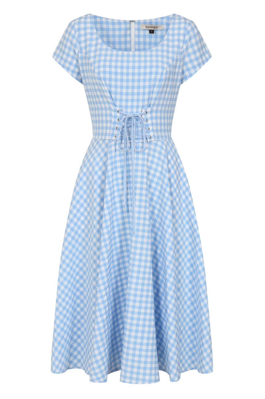 Robe vintage vichy bleu blanc lacage ajustable jupe ample annees 50