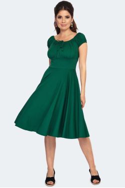 Robe vintage vert foret col fronce taille empire jupe circle elegant retro