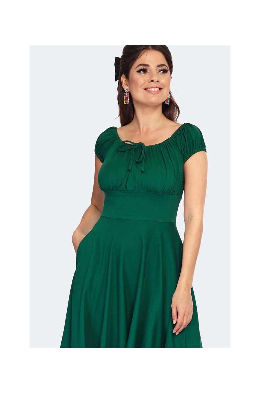 Robe pin-up vert emeraude encolure romantique froncee midi evasee annees 50