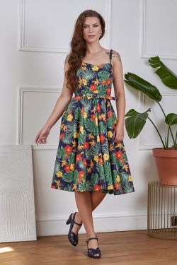 Robe Tropicale Navy Hibiscus Monstera Bretelles Bustier Ceinture Jupe Swing