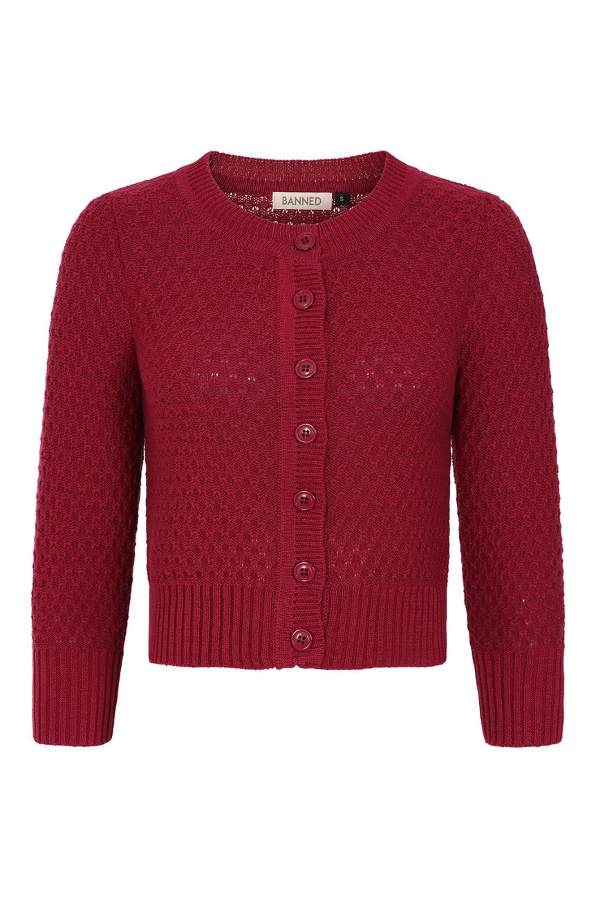 Cardigan vintage bordeaux tricot fantaisie ajoure coton manches trois-quarts