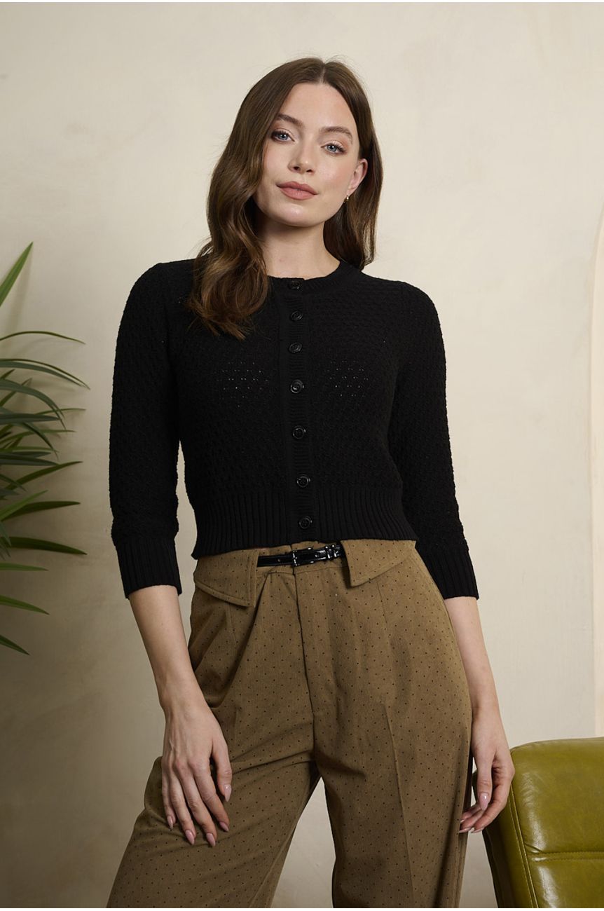 Cardigan court noir tricot ajoure manches 3/4 boutons vintage pin-up coton