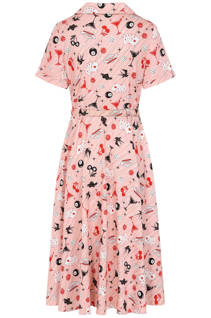 Robe annees 50 rose Las Vegas cocktails cartes ceinture jupe ample pin-up