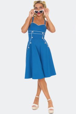 Robe bleu roi bretelles liseres blancs boutons marins jupe evasee vintage