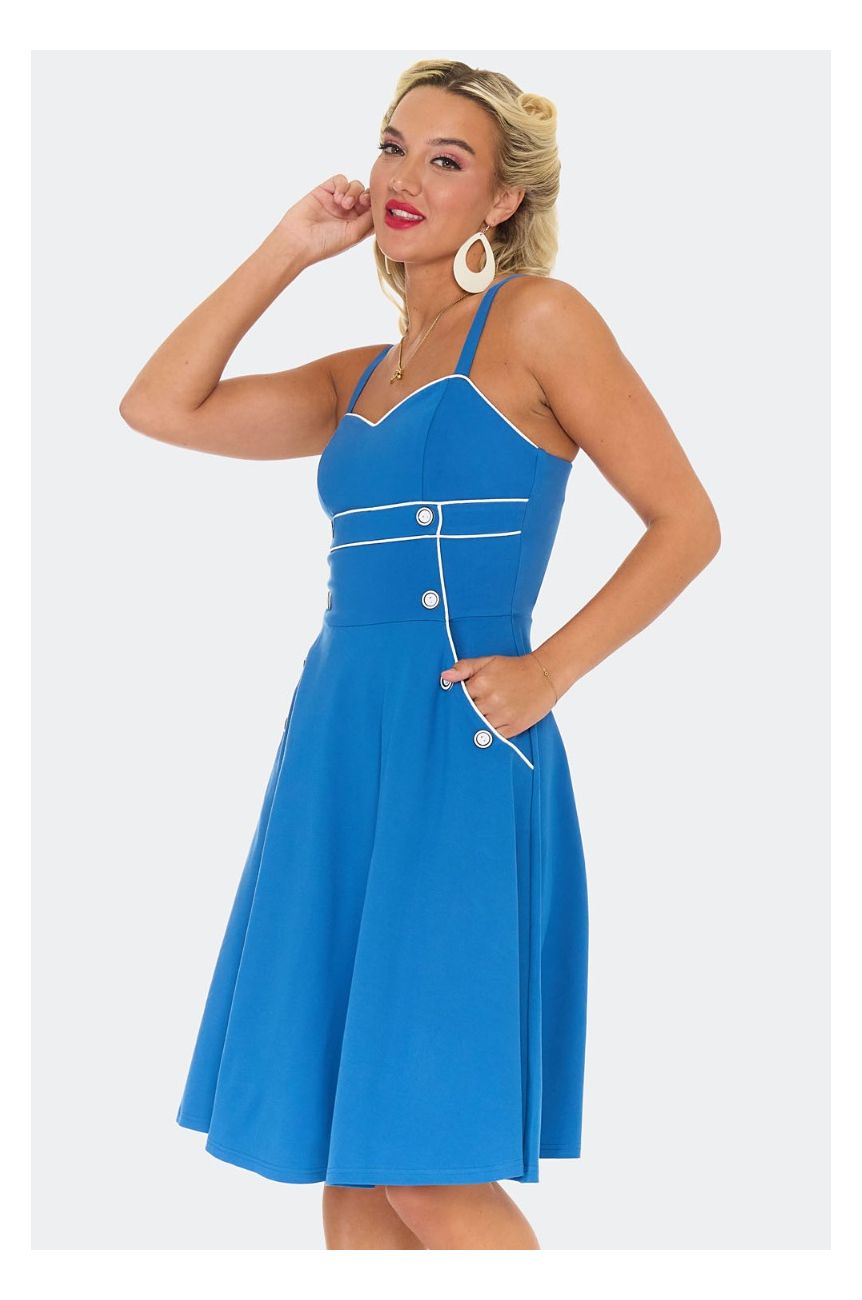 Robe pin-up bleu roi details blancs boutons marins jupe swing annees 50