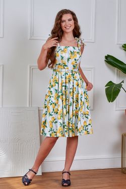 Robe citrons blanc jaune bretelles nouees ceinture jupe evasee vintage