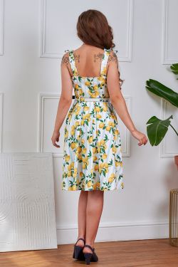 Robe vintage citrons mediterraneens blanc bustier bretelles nouees swing