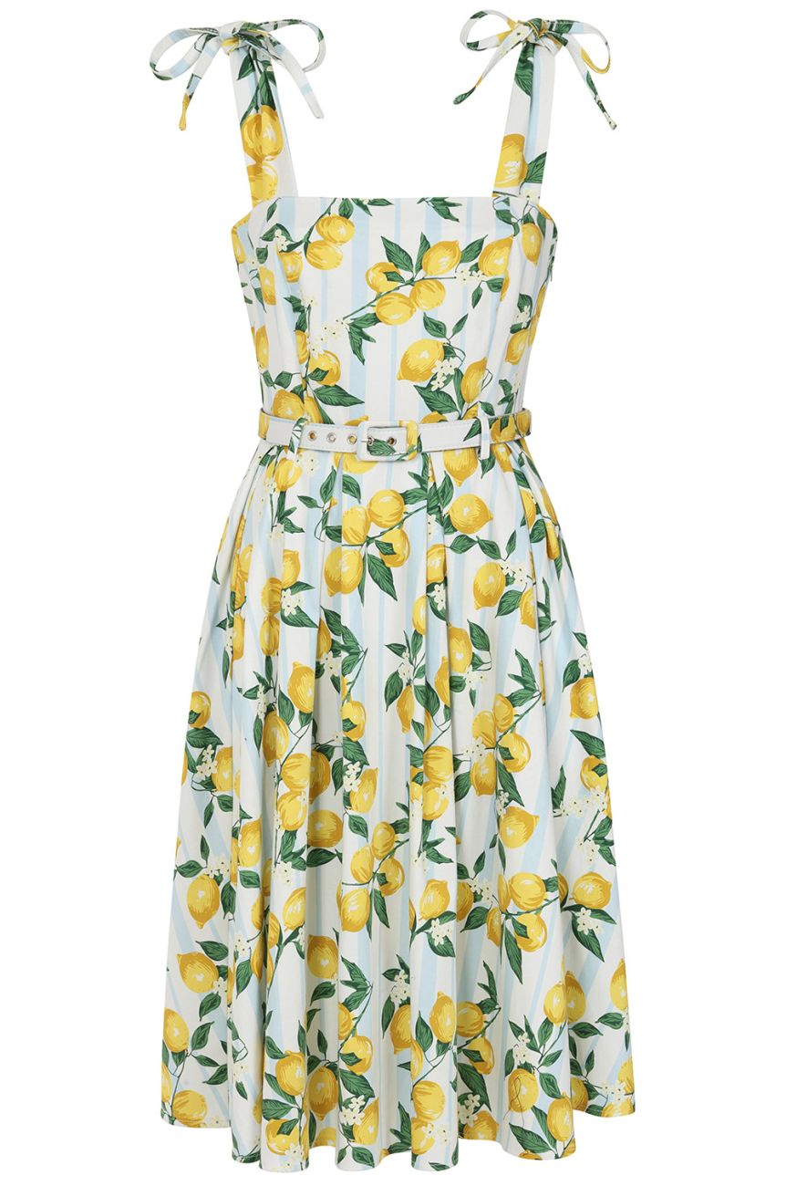 Robe pin-up citrons jaune vert blanc bretelles ajustables jupe ample retro
