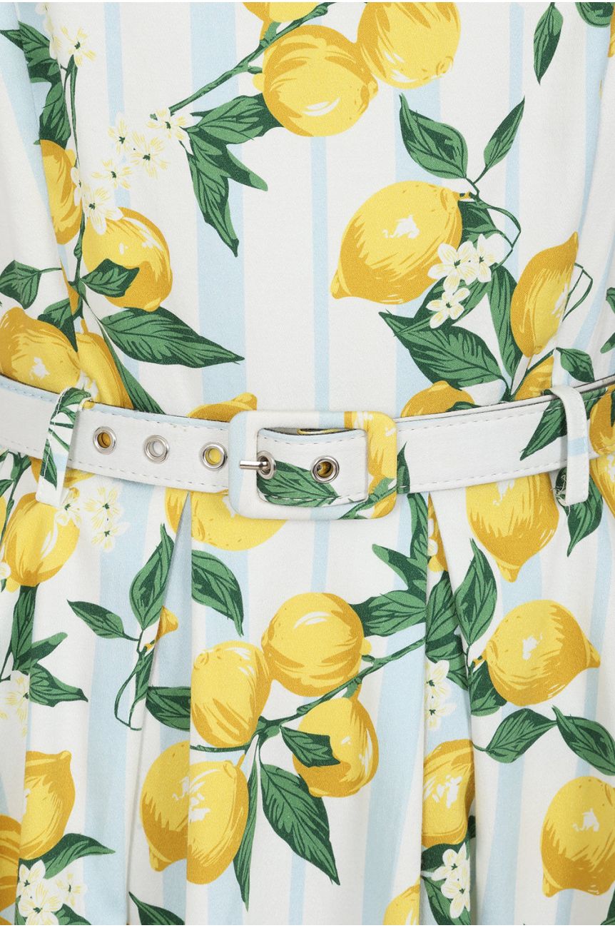 Robe estivale citrons blanc bretelles nouees ceinture jupe circle annees 50
