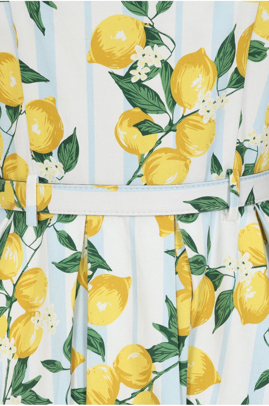 Robe annees 50 motif citrons mediterraneens blanc bretelles nouees vintage
