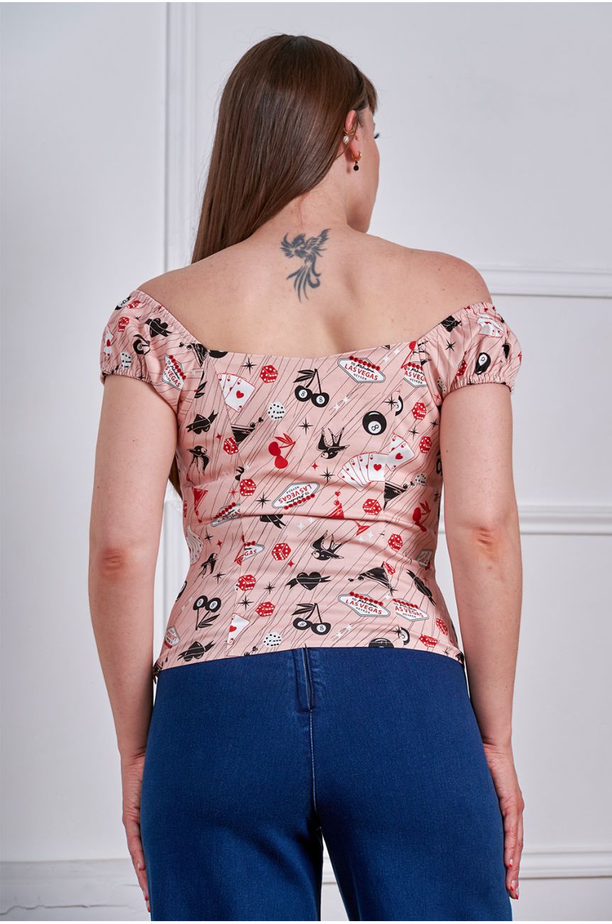 Top vintage Las Vegas rose bardot cartes cocktails manches courtes rockabilly