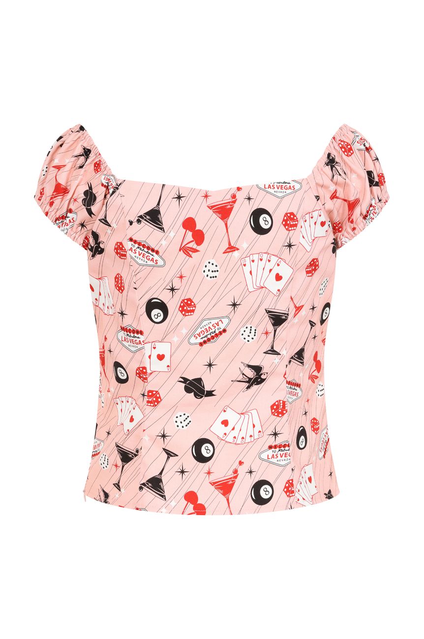 Top vintage casino Las Vegas rose bardot manches bouffantes ajuste retro