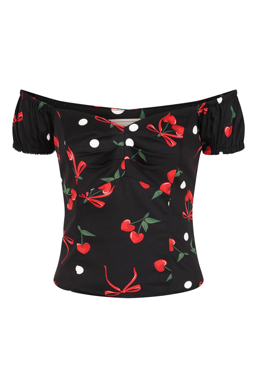 Top pin-up noir cerises rouges pois blancs epaules nues manches courtes