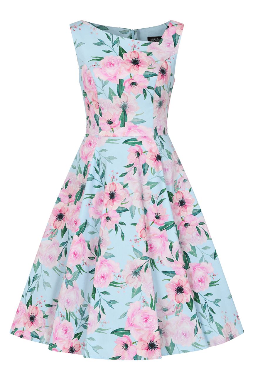 Robe annees 50 bleu ciel jardin floral roses feuillage swing elegant