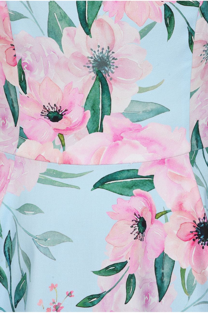 Robe romantique bleu pastel fleurs roses feuillage jupe circle vintage