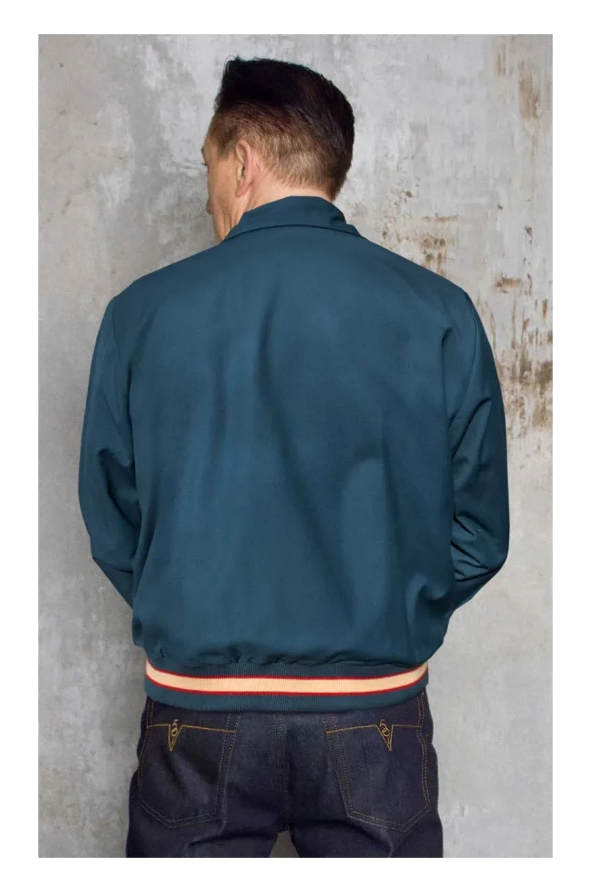Dos veste bowling homme bleu pétrole Rumble59, bande élastique rayée crème rouge bleu, coupe droite vintage rockabilly