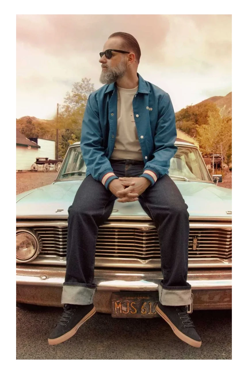 Veste varsity homme bleu pétrole Rumble59, col cubain avec œillets dorés, fermeture boutons-pression gold, look greaser rockabil