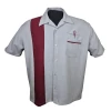 Chemise bowling homme gris clair et bordeaux Steady Clothing, panneau vertical bicolore, col cubain et broderie vintage rockabil
