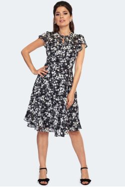 Robe noire fleurs blanches manches volant broderie anglaise vintage