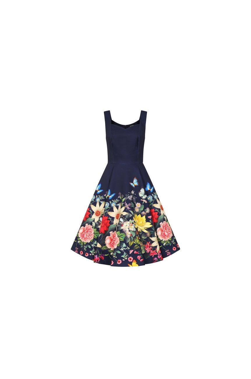Robe vintage navy jardin enchante fleurs papillons bretelles jupe circle