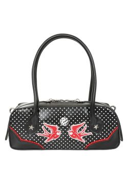 Sac à main rockabilly noir à pois blancs, poche zippée frontale et liseré rouge, anses rigides noires style pin-up années 50