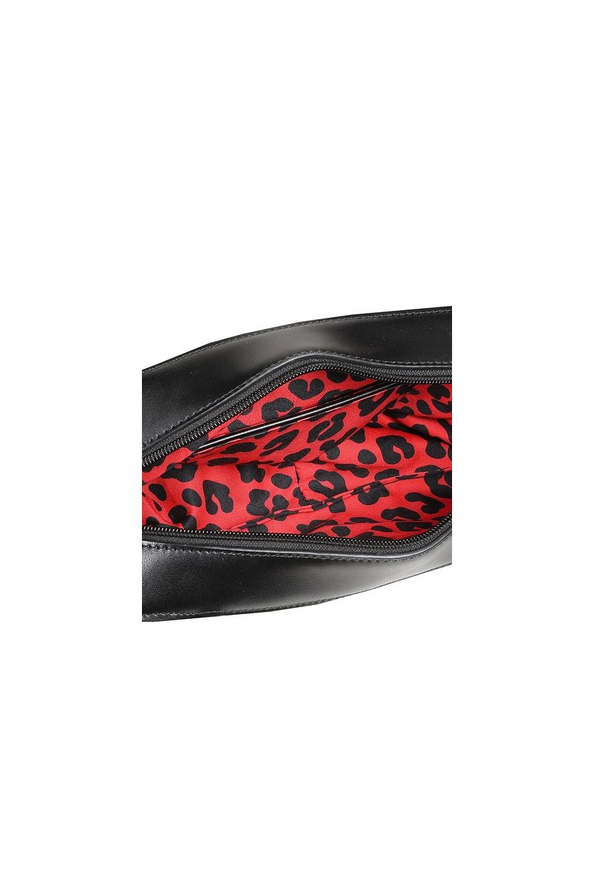Intérieur sac rockabilly noir doublure léopard rouge, compartiment zippé, détail vintage pin-up années 50