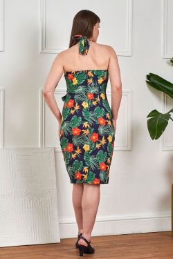 Robe exotique navy fleurs oiseaux paradis halter dos nu crayon vintage