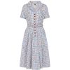 Robe vintage carreaux bleu blanc motif cerises col chemisier jupe ample