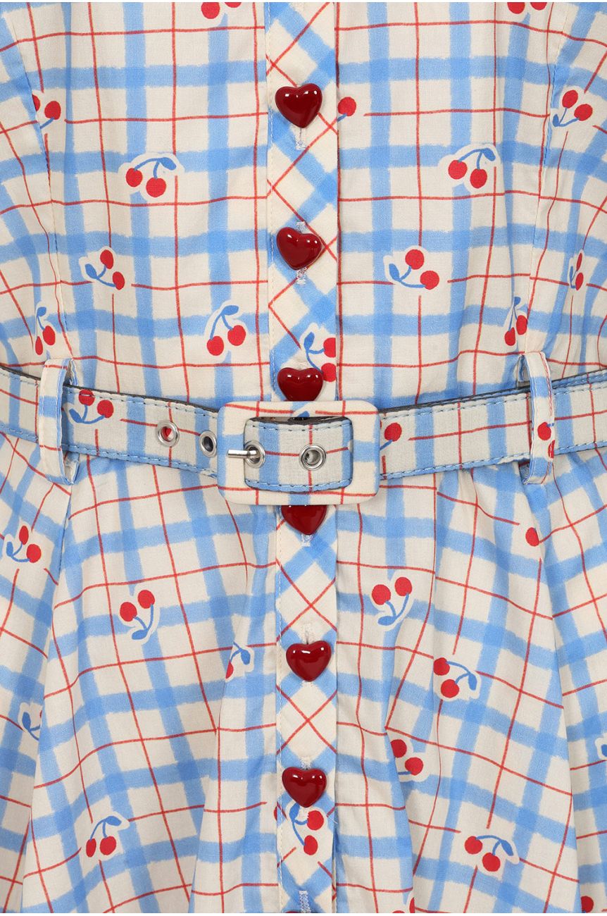 Robe pin-up gingham bleu blanc cerises rouges boutonnage frontal annees 50