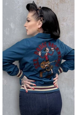 Veste college Rumble 59 bleu pétrole broderie rockabilly guitare dos