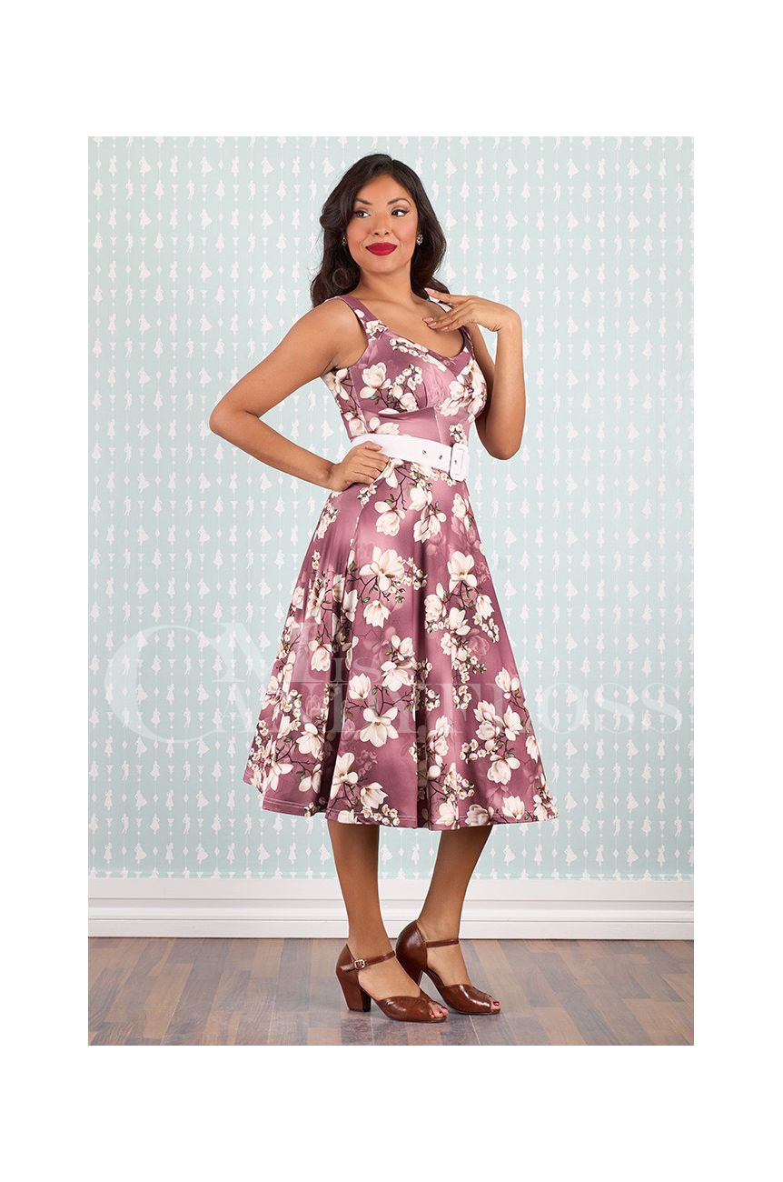 Robe rockabilly mauve magnolias blancs jupe evasee swing annees 50 style vintage retro