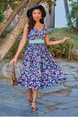 Robe bleu marine fleurs tropicales rose turquoise swing ceinture pin-up Miss Candyfloss