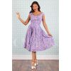 Robe swing Miss Candyfloss imprimé floral violet et rose en viscose, col bardot et jupe plissée années 50