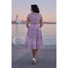 Robe rockabilly Miss Candyfloss viscose légère motif fleurs violet et rose, coupe sablier taille marquée