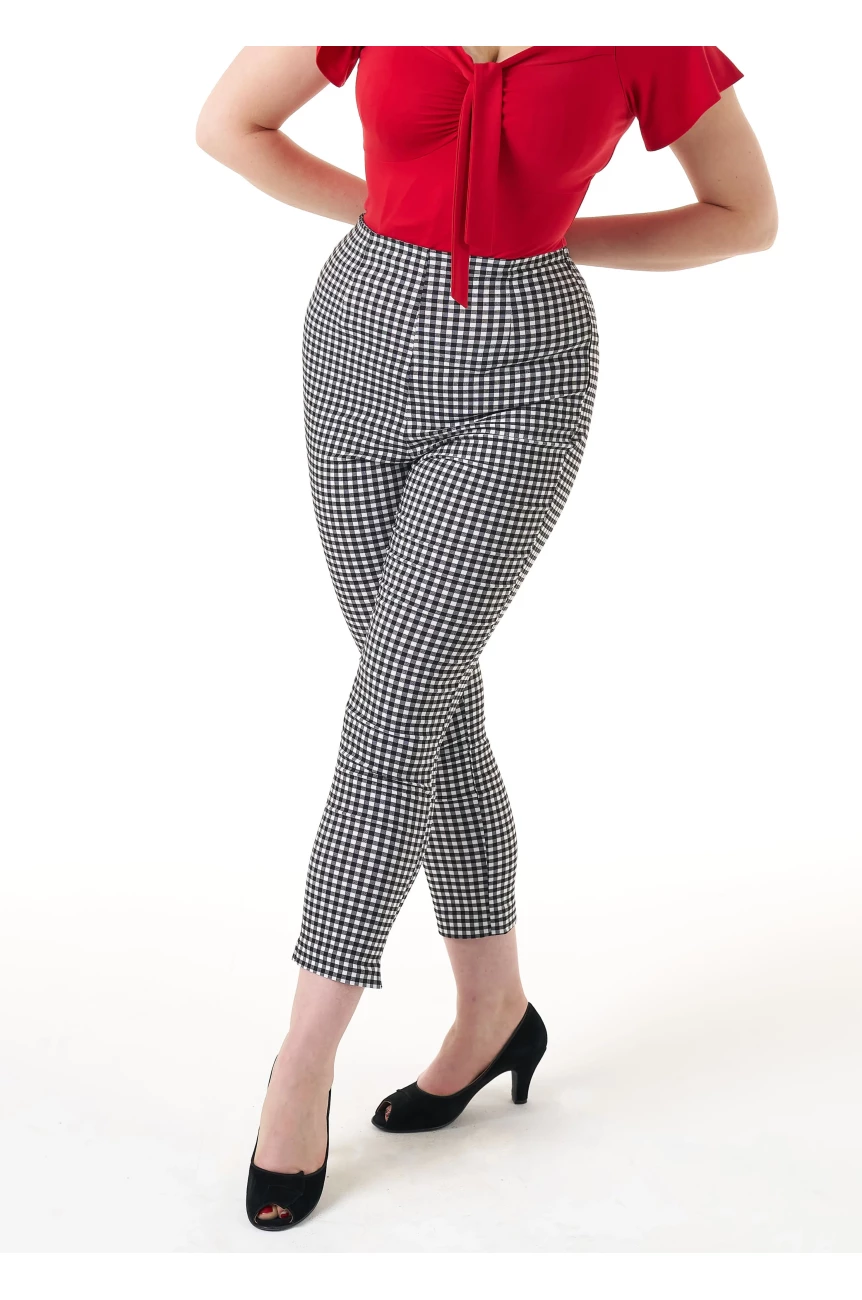 Pantalon gingham vintage noir blanc capri coupe crayon silhouette pin-up